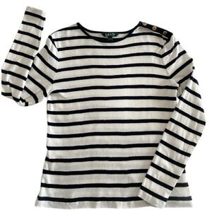 RALPH LAUREN Women’s 100% Cotton Navy Blue White Striped Long Sleeve Top size: L